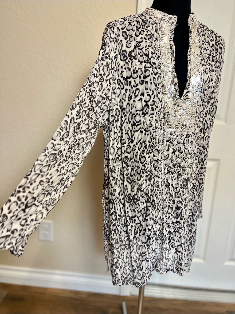 Chico’s | Silk Crepe Animal Print Semi-Sheer Sequin Embroidered Tunic Top, XL